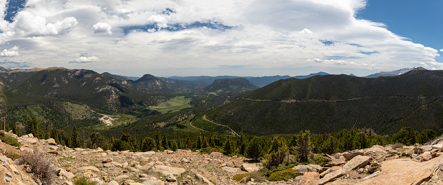A panoramic view of Rocky Mountain National Park in Colorado from Rainbow Curve Overlook.