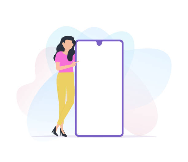 Woman showing the blank smart phone screen Woman stand near the smart phone screen and pointing towards that. close to illustrations stock illustrations