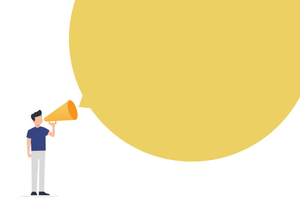 Businessman communicates through a megaphone Businessman communicates through a megaphone megaphone announcement stock illustrations