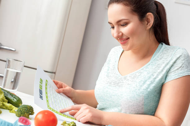 istock Body Care. Chubby girl sitting at kitchen table reading meal plan smiling cheerful side view close-up 1187911026
