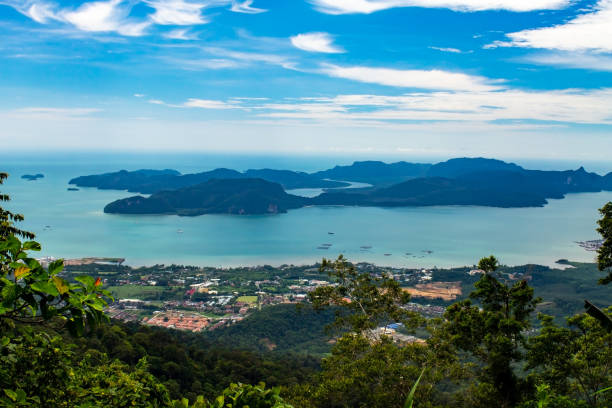 Dayang Bunting island from the top of Gunung Raya Mountain, the highest point in Langkawi island, Andaman Sea, state of Kedah, Malaysia. stock photo