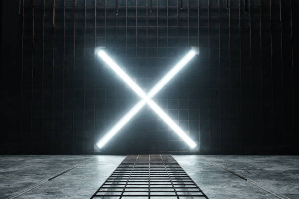 istock 3d rendering of lighten X alphabet shape at rusty mesh and grunge wall 1187914236