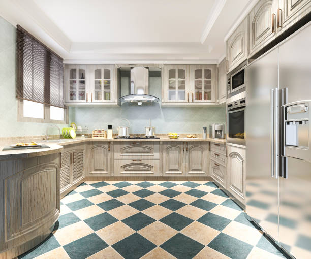 istock 3d rendering scandinavian vintage modern kitchen with dining area 1187915306