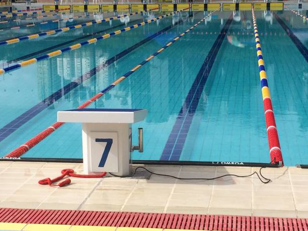 istock Swimming pool with lanes line and jumping stand 1187921957