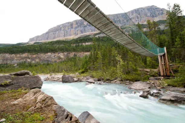 A gorgeous valley composed of robson river, suspension bridge and lots of falls