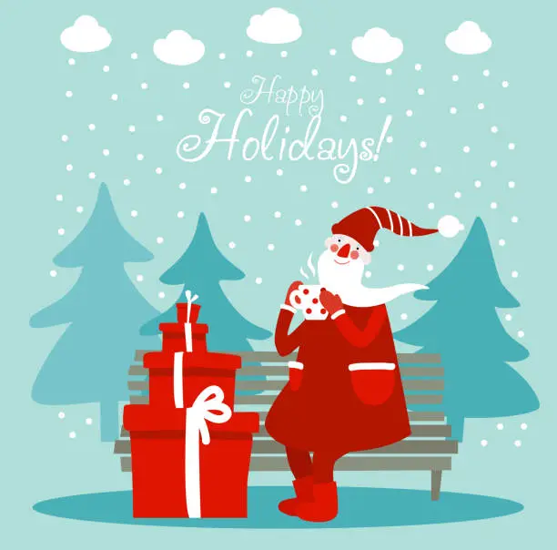 Vector illustration of Funny Santa Claus drinking tea. Cute Christmas and New Year vector illustration card