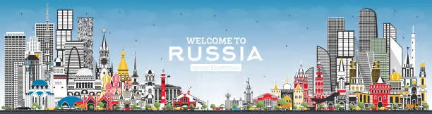 Vector illustration of Welcome to Russia Skyline with Gray Buildings and Blue Sky.