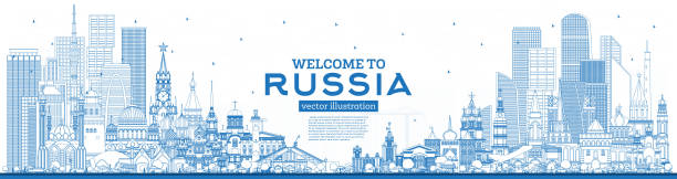 Outline Welcome to Russia Skyline with Blue Buildings. Outline Welcome to Russia Skyline with Blue Buildings. Vector Illustration. Tourism Concept with Historic Architecture. Russia Cityscape with Landmarks. Moscow. Saint Petersburg. Kazan. Sochi. rostov on don stock illustrations
