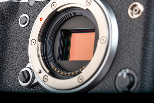 This high-resolution stock photo depicts a vintage rangefinder camera