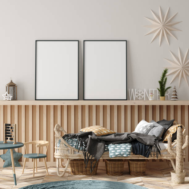 istock Mock up poster frame in children room interior decorated for new year 1187937963