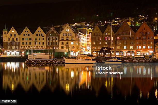 Night Panorama Of Bergen Norway Stock Photo - Download Image Now - Ancient, Architecture, Bay of Water