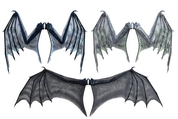 Set of dragon wings isolated on white, 3d render