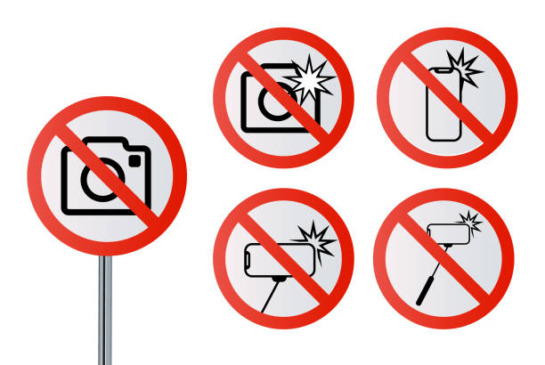No photography, camera, selfie, no phone, no smartphone Prohibition symbol sticker for area places, Isolated on white background, Flat design vector illustration. No photography, camera, selfie, no phone, no smartphone Prohibition symbol sticker for area places, Isolated on white background, Flat design vector illustration.EPS 10 no photographs sign stock illustrations