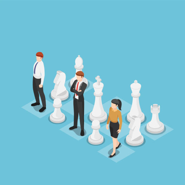Isometric business team standing with chess Flat 3d isometric business team standing with chess. Business strategy concept. three dimensional chess stock illustrations