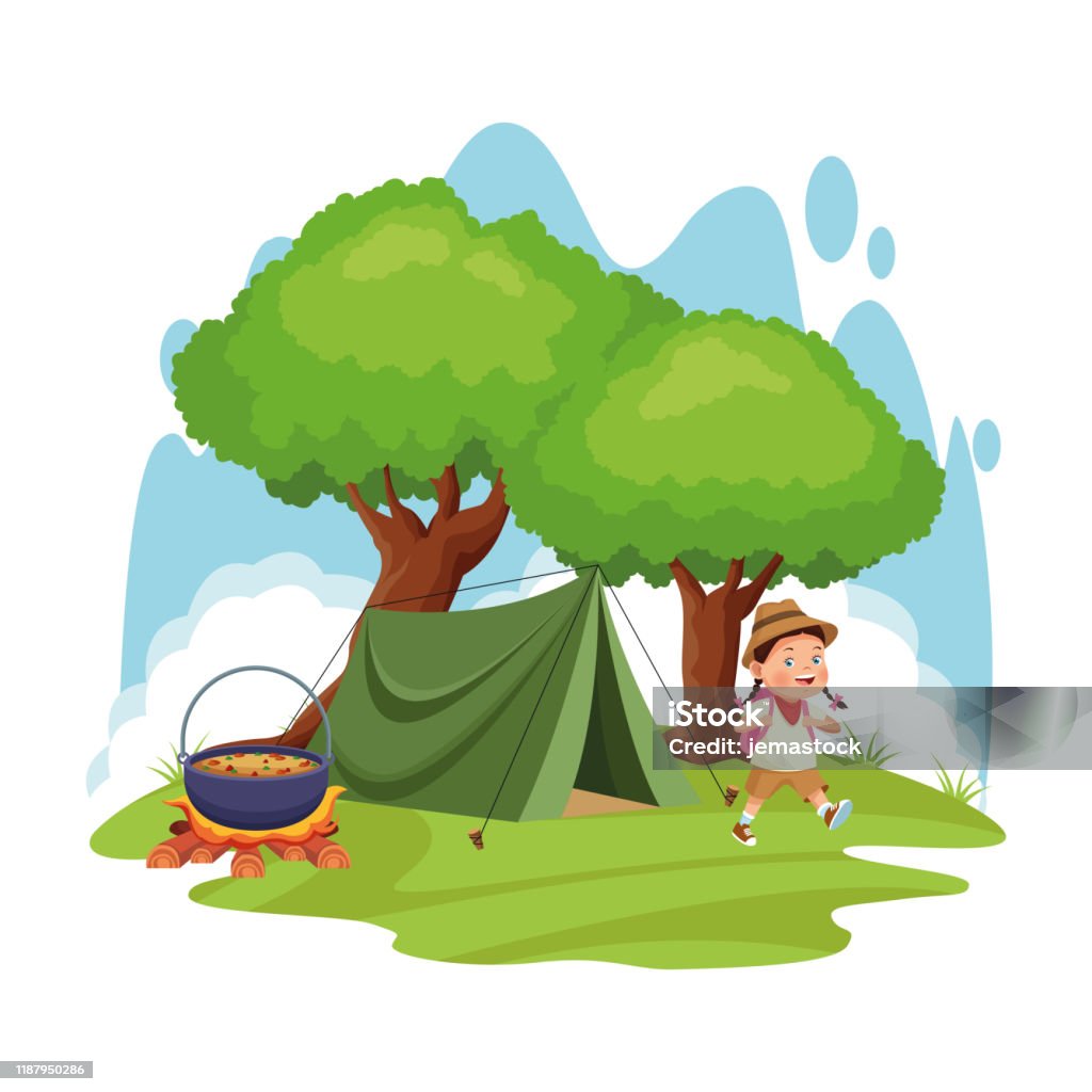 Cartoon Explorer Meisje In Een Kamp Met Tent En Vreugdevuur Met Pot Stockvectorkunst En Meer Beelden Van Achtergrond - Thema - Istock