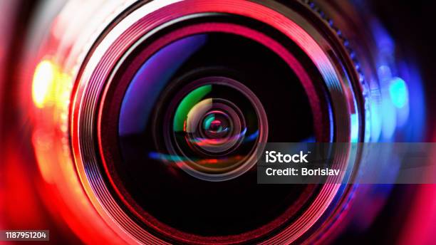 Download Camera Lens With Red And Blue Backlight Macro Photography Lenses Horizontal Photography Stock Photo