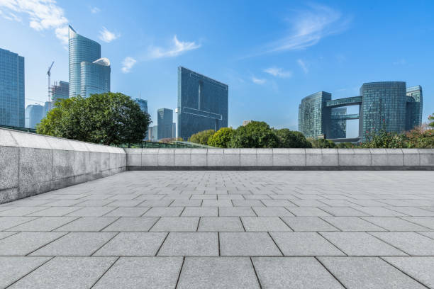 istock empty brick floor with cityscape and skyline 1187952930