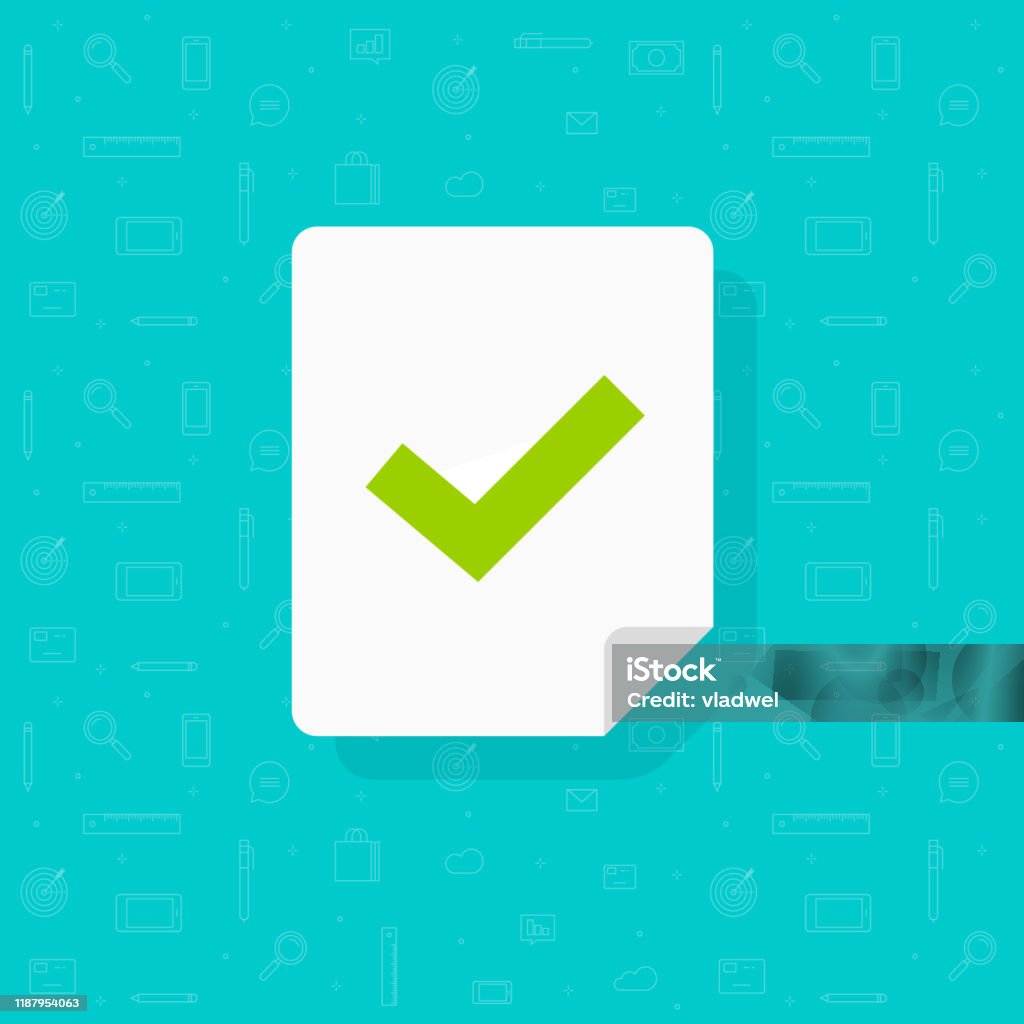 Document Page With Checkmark Or Tick Vector Icon Flat Cartoon Check Mark  Symbol On Paper Sheet Symbol Or Pictogram Isolated Idea Or Correct Choice  Or Vote Sign Approved Exam Or Done Test