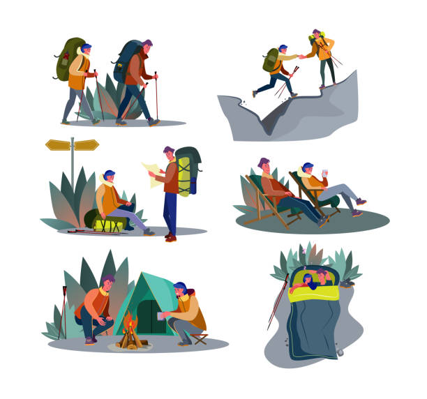 приключенческий треккинг набор - camping hiking tent couple stock illustrations
