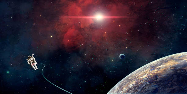 istock Space scene. Astronaut fly in red nebula with planet. 1187955476