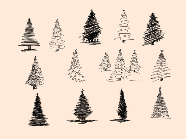 zestaw choinki ręcznie rysowane. ilustracja wektorowa. ręcznie rysowany szkic doodle z atramentem. zestaw ilustracji wektorowych - fir tree obrazy stock illustrations