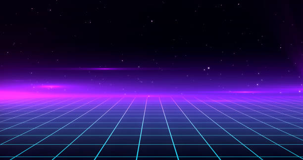 istock Retro Sci-Fi Background Futuristic Grid landscape of the 80`s. Digital Cyber Surface. Suitable for design in the style of the 1980`s. 3D illustration 1187959614