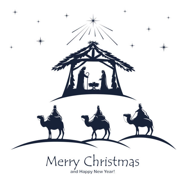 Christian Christmas on White Background Christian Christmas. Birth of Jesus, shining star and three wise men on white background. Illustration can be used for holiday design, cards, clothing or things design, invitations, postcards, banners praying child christianity family stock illustrations