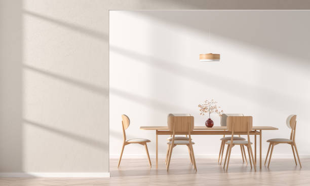 木製の椅子とテーブルを備えたモダンなダイニングルームで空の壁モックアップ。 コピースペースを備えたミニマリストダイニングルームデザイン。3d イラストレーション。 - 食卓 ストックフォトと画像