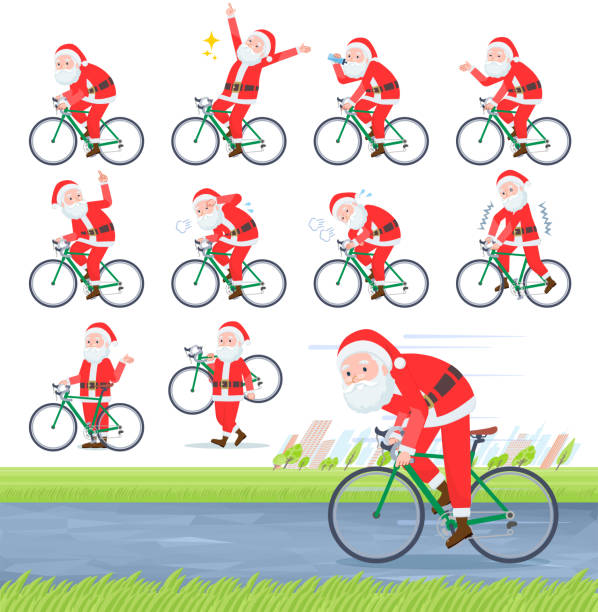 illustrations, cliparts, dessins animés et icônes de type plat santa claus_road vélo - père noel à vélo