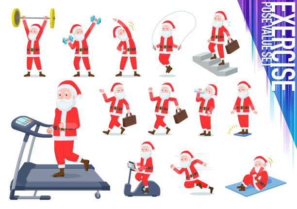 ilustraciones, imágenes clip art, dibujos animados e iconos de stock de piso tipo santa claus_exercise - holiday healthy lifestyle weight christmas