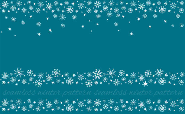 set of winter snowflakes seamless patterns decorative set of winter hand drawn snowflakes seamless patterns, borders, on blue background with snow, stars, ornament for card, invitation snowflake shape borders stock illustrations