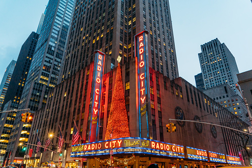 Street view of Radio City Music Hall in New York City