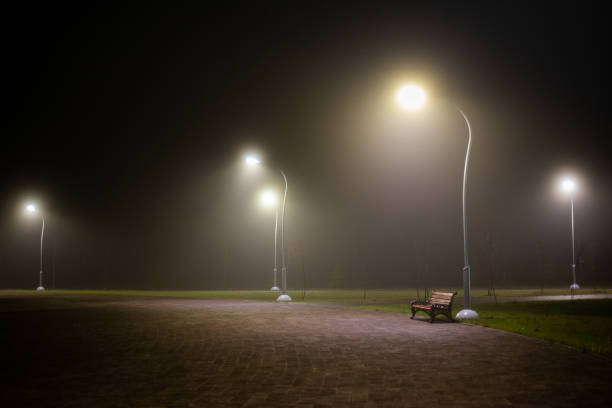 istock bench in night misty park with tall lights and selective focus 1187970404
