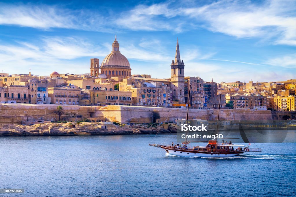 Malta - Mediterranean travel destination, Marsamxett Harbour and Valletta with Cathedral of Saint Paul Malta Stock Photo