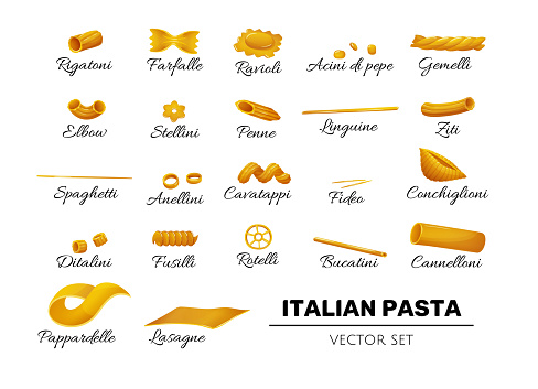 Type of pasta icons, italian pasta set in flat cartoon style. Isolated elements for italian cusine decoration, labels, designs. Vector illustration on white