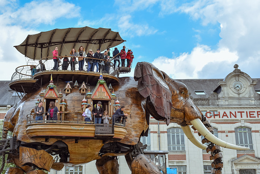 NANTES, FRANCE - JULY 1, 2017: The Machines of the Isle of Nantes (Les Machines de l'île) is an artistic, touristic and cultural project based in Nantes, France. Summer Fun for children and adults.
