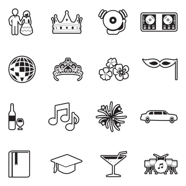 Prom Night Icons. Line With Fill Design. Vector Illustration. Dancing, School, Dating, Prom, Music prom queen stock illustrations