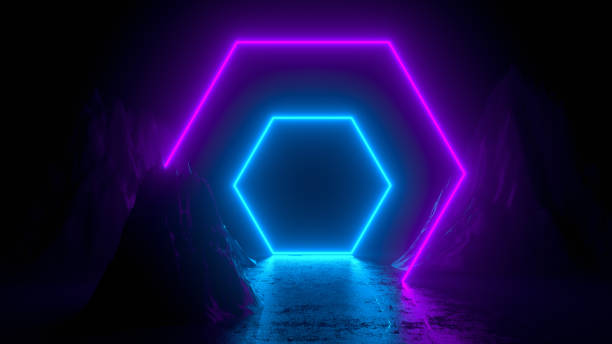 istock 3d abstract background with ultraviolet neon lights, rocks and mountains, cosmic landscape, glowing tunnel door 1187978342