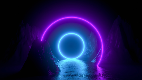 3d abstract background with neon lights, rocks and mountains cosmic landscape glowing lines, black background. purple and blue colors. Ultraviolet light.