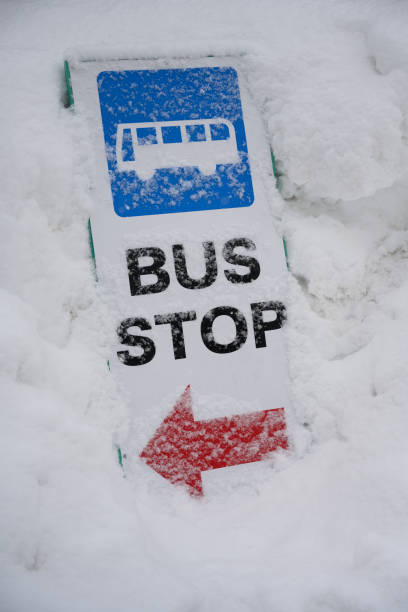 istock Bus stop sign in snow 1187981070