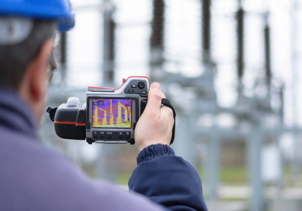 Engineer checking the internal temperature on high voltage transformer in electricity substation Thermal image camera. Technician use thermal imaging camera to check temperature on industrial equipment thermal image stock pictures, royalty-free photos & images