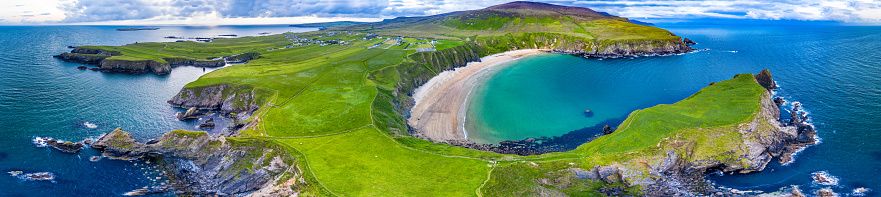 Aerial view of the beautiful coast at Malin Beg in County Donegal, Ireland.