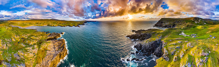 Aerial view of the beautiful coast at Malin Beg in County Donegal, Ireland.