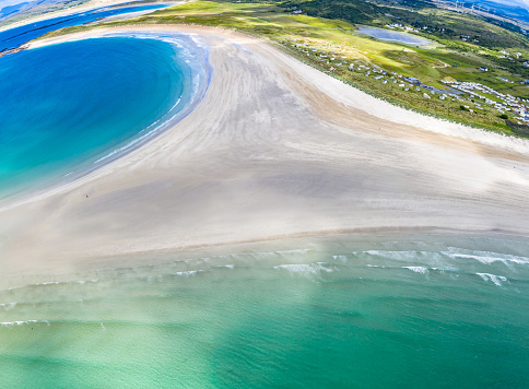 Aerial view of the awarded Narin Beach by Portnoo and Inishkeel Island in County Donegal, Ireland.