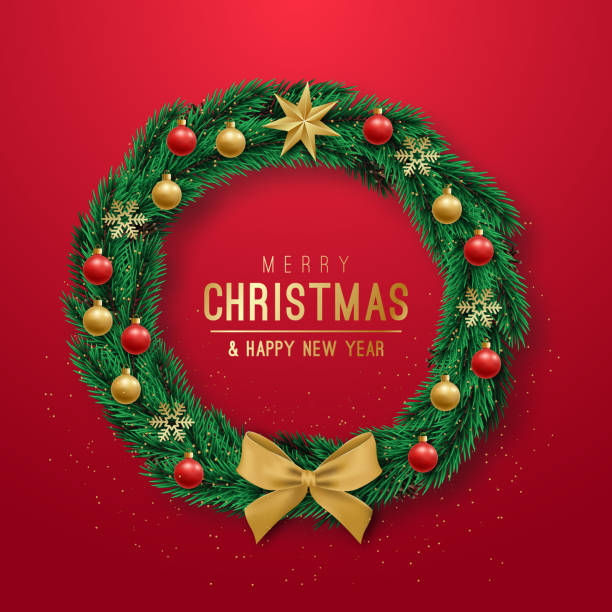 빨간색 배경에 현실적인 크리스마스 화환. 어두운 배경에 황금 baubles, 활, 별과 눈송이로 장식 크리스마스 소나무 가지. 스톡 벡터 일러스트레이션입니다. - wreath christmas red bow stock illustrations