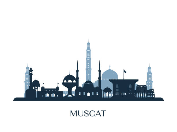 illustrazioni stock, clip art, cartoni animati e icone di tendenza di skyline muscat, silhouette monocromatica. illustrazione vettoriale. - oman greater masqat built structure mosque