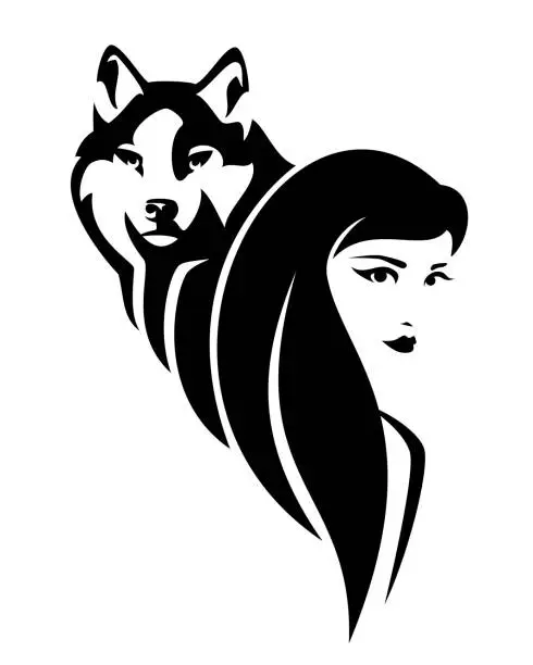 Vector illustration of beautiful woman head and wild wolf black and white vector portrait