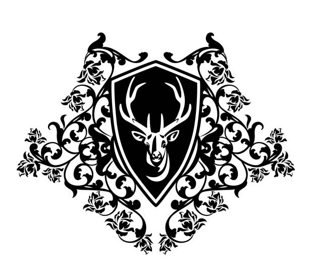 antler deer head heraldic shield with rose flowers ornament black and white vector design antler deer head in heraldic shield among rose flowers - vintage style buck portrait coat of arms black and white vector design clip art of a dead rose stock illustrations
