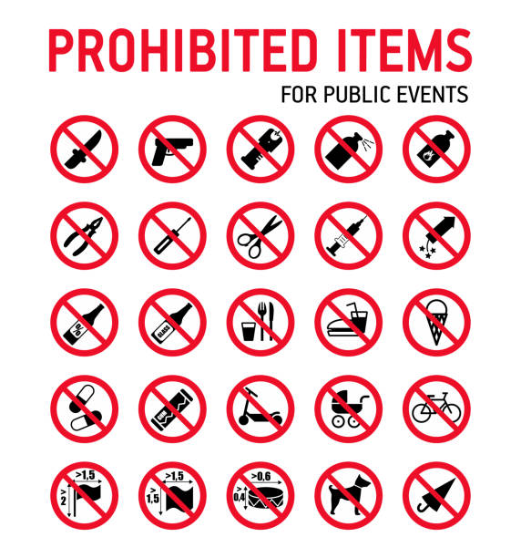 Prohibition signs collection security control in stadium during mass events. Prohibition signs vector set on white denial stock illustrations