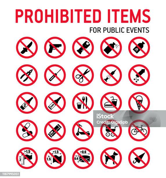 Prohibition Signs Collection Security Control In Stadium During Mass Events Stock Illustration - Download Image Now
